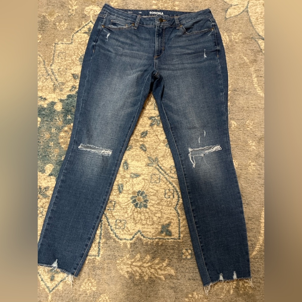 Sonoma Distressed Skinny Jeans Women’s Size 14R Dark Wash Raw Hem -SON-C
